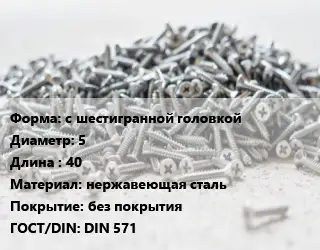 Шуруп с шестигранной головкой 5х40 нержавеющая сталь без покрытия ГОСТ: DIN 571